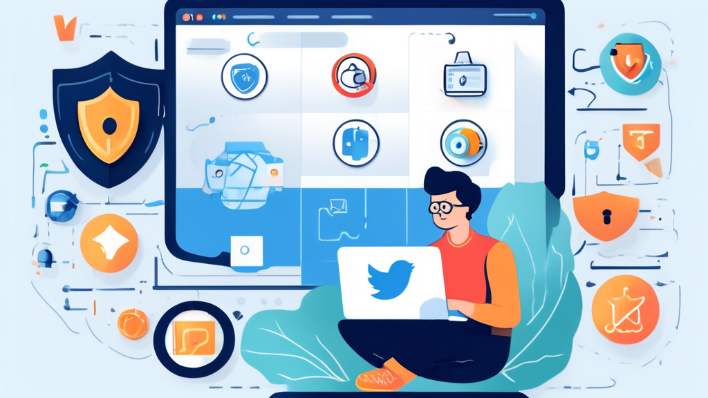 An illustration depicting various practical tips for maintaining the best privacy online. The image features a person browsing on a laptop with a shield icon representing online protection. Surrounding the person, there are icons representing tracking cookies being disabled, secure social media settings, and updated software. Additionally, elements like a magnifying glass finding phishing scams and malware in the background, highlighted user interface settings for data sharing, and notifications for system updates emphasize the importance of these privacy practices.
