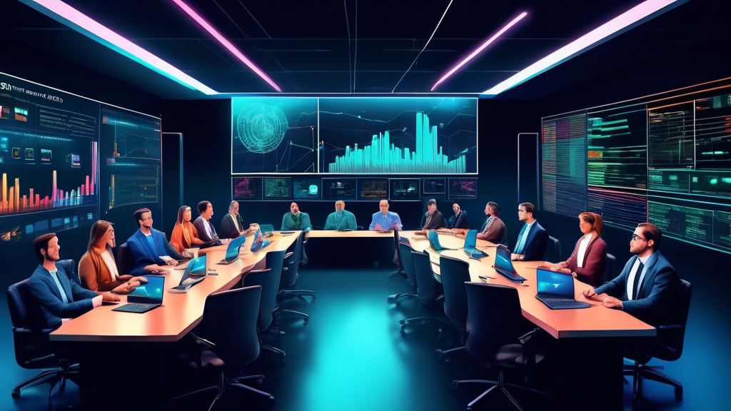 Create an image of financial analysts and tech experts in a modern conference room, engaged in a discussion with a big screen displaying the FTX Crypto logo, various digital currency graphs, and data charts. The atmosphere should be dynamic, highlighting the influence of FTX Crypto on the evolving digital currency landscape, regulatory frameworks, and market standards.