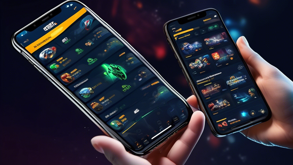 Create an image showcasing the key features and benefits of EsportsBet for gamers and bettors. Highlight an intuitive and sleek user interface on a mobile device with real-time updates displayed. Incorporate elements of advanced security technologies like blockchain icons, illustrating trustworthiness. Include a variety of game icons from classic to emerging titles, emphasizing diverse betting options, all set against a vibrant, energetic backdrop that resonates with the esports community. Keyword: esportsbet.