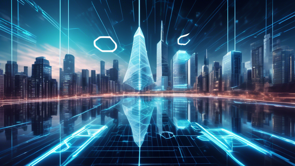 Create an image that captures the essence of FTX Crypto and the Future of Cryptocurrencies: Predictions and Industry Impact. The image should feature a futuristic cityscape with towering digital skyscrapers, symbolizing the growth of cryptocurrencies. In the foreground, include a prominent, sleek digital building with the FTX logo, signifying its strong presence in the market. Surround this building with holographic charts showing upward market trends and diverse cryptocurrency icons, emphasizing predictions and future trends. The backdrop should also incorporate elements like blockchain diagrams and regulatory symbols to represent the potential impact on regulations and global adoption.