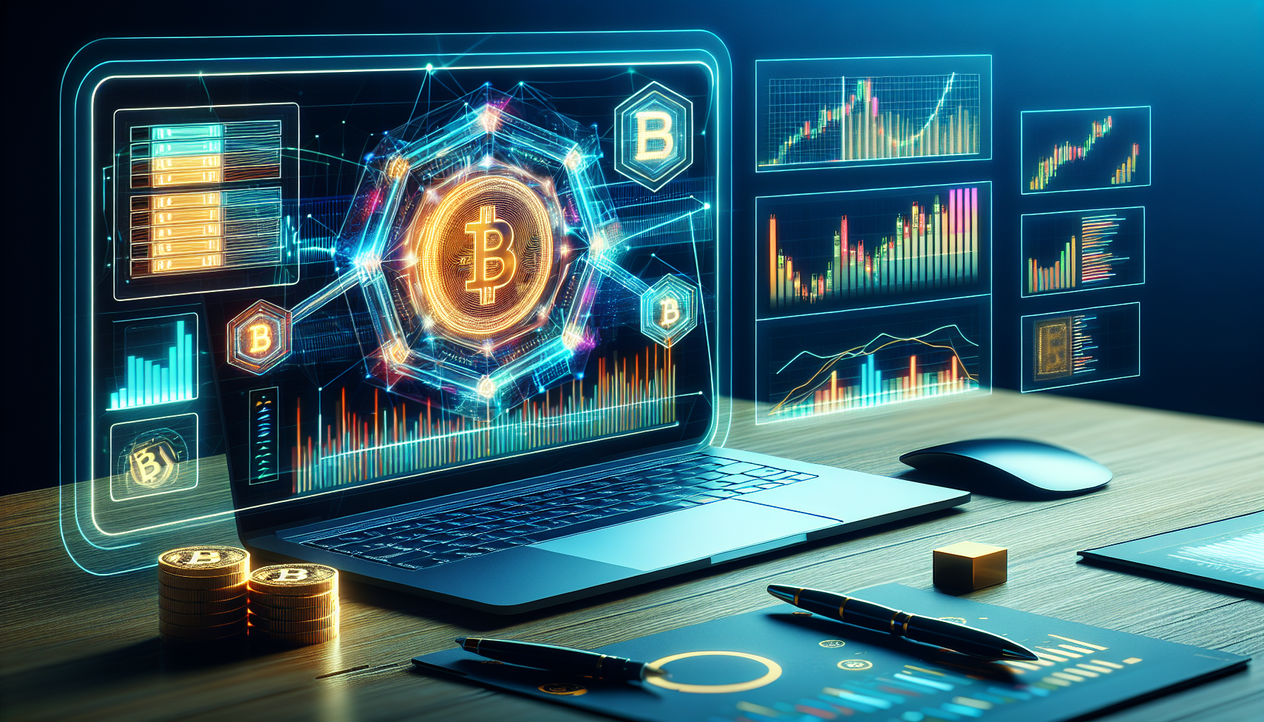 A futuristic digital trading platform showcasing innovative features like futures contracts, margin trading, and cross-margin systems, with visual representation of FTX Token (FTT) and its economic benefits. The scene should include a sleek, modern interface with graphs and charts, highlighting the advanced trading tools available on FTX Crypto.