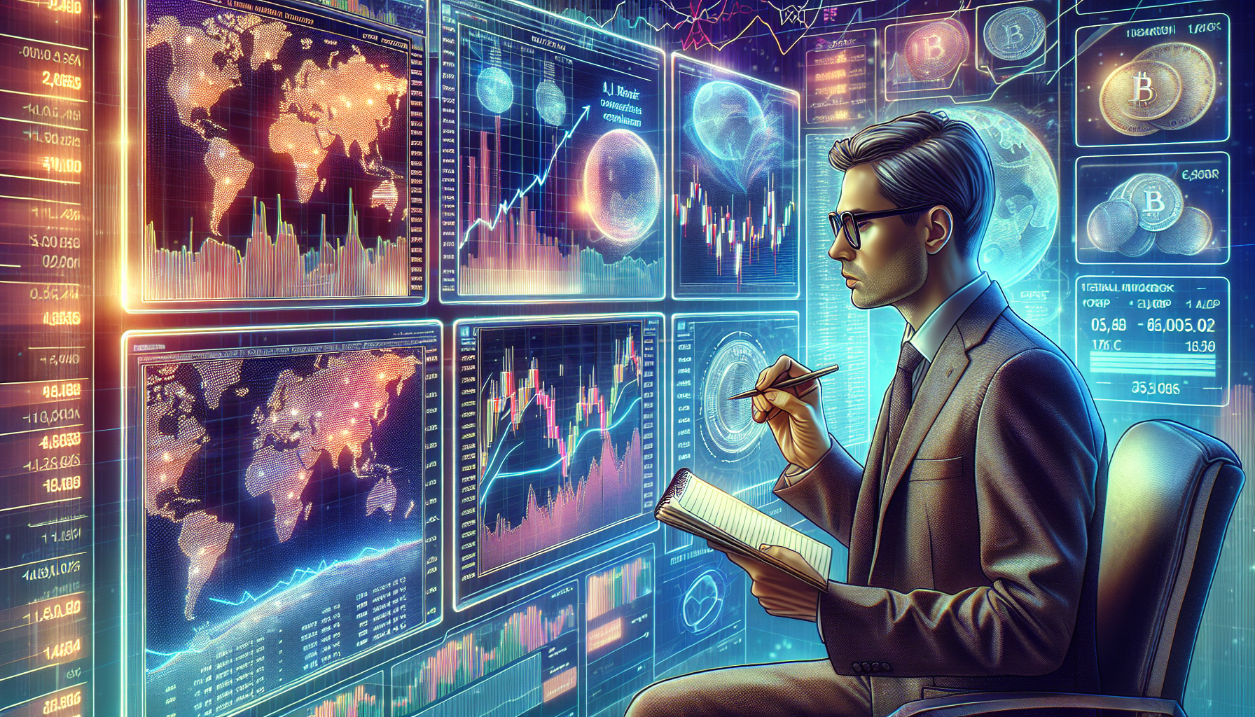 Create an image of an investor analyzing cryptocurrency charts on several monitors, with graphs showcasing both growth and potential declines. The backdrop should include elements that represent the global reach and futuristic aspects of FTX Crypto, such as holographic world maps and a sleek, modern trading interface. The investor should be portrayed in a focused state, with a notepad filled with risk assessment notes and growth projections related to FTX Crypto.