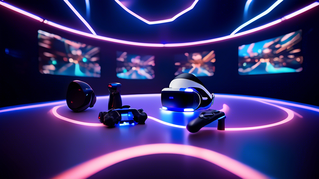 A highly detailed image showcasing the cutting-edge motion tracking and haptic feedback technologies of the Sony PlayStation VR2. Featured prominently in the foreground is the VR headset and controllers. The headset is surrounded by a vivid holographic overlay illustrating inside-out tracking with precision sensors, capturing real-time movements accurately. The controllers are depicted with adaptive triggers in action, emitting subtle vibrations to demonstrate enhanced haptic feedback. A user in the background is visibly immersed in a virtual environment, emphasizing the seamless and responsive interaction provided by these advanced features. The setting is sleek and modern, enhancing the futuristic feel of the technology.