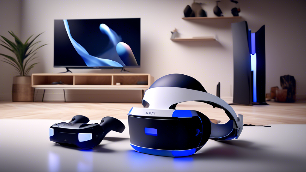 Create an ultra-realistic image that showcases the seamless integration and user-friendly features of the Sony PlayStation VR2. The setup should depict a sleek, modern living room with a PlayStation 5 on a stylish TV stand, and the wireless PlayStation VR2 headset connected effortlessly. Highlight the reduced cable clutter and an intuitive interface on a large flat-screen TV. Include subtle elements like a user navigating accessibility options with ease, using a handheld controller. Make sure the overall scene exudes a sense of convenience and advanced technology.