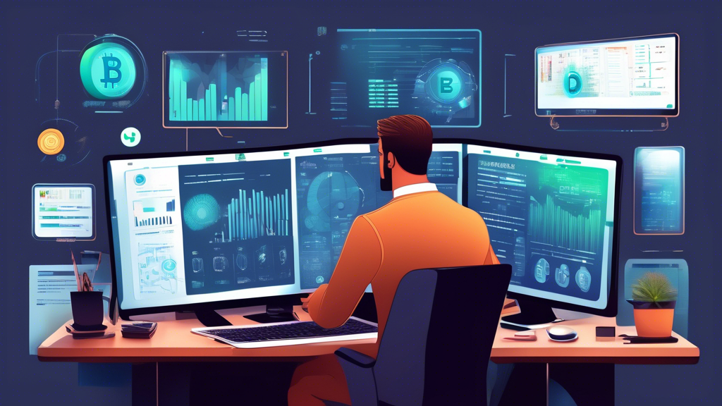 Prompt for DALL-E:

Create a detailed illustration that showcases a crypto investor at their desk with multiple screens displaying charts and data. The investor is surrounded by various elements representing the 100 finance strategies, such as pie charts for portfolio diversification, graphs showing market analysis, and notes with step-by-step guides for implementation. Additionally, include icons or symbols for monitoring and adjusting strategies, such as clocks, magnifying glasses, and gears. The scene should convey a sense of focused activity and strategic planning in the context of crypto investments.