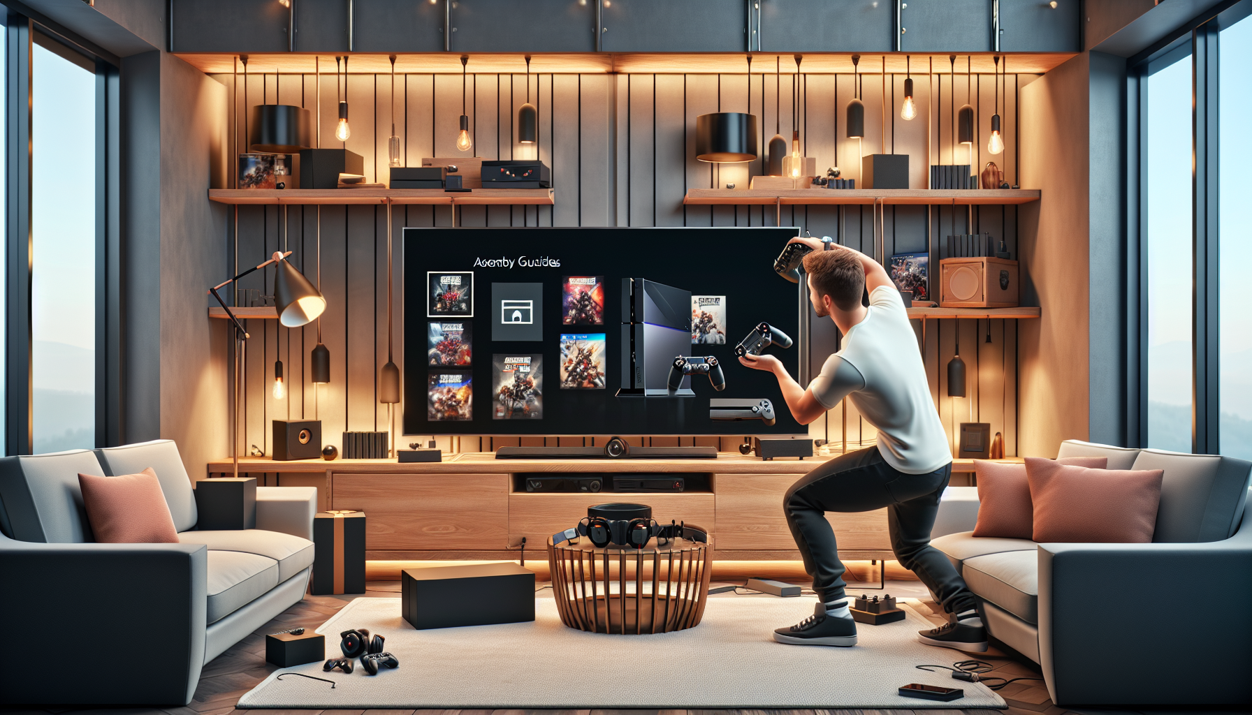 Create an image of a gamer setting up a PS4 Pro 1TB console in their living room. The scene should showcase a modern, organized gaming setup with a large TV, comfortable furniture, and ambient lighting. Include on-screen prompts or a simplified guide showing the step-by-step installation process. Highlight recommended accessories like a high-quality headset, extra controllers, and popular game titles such as 