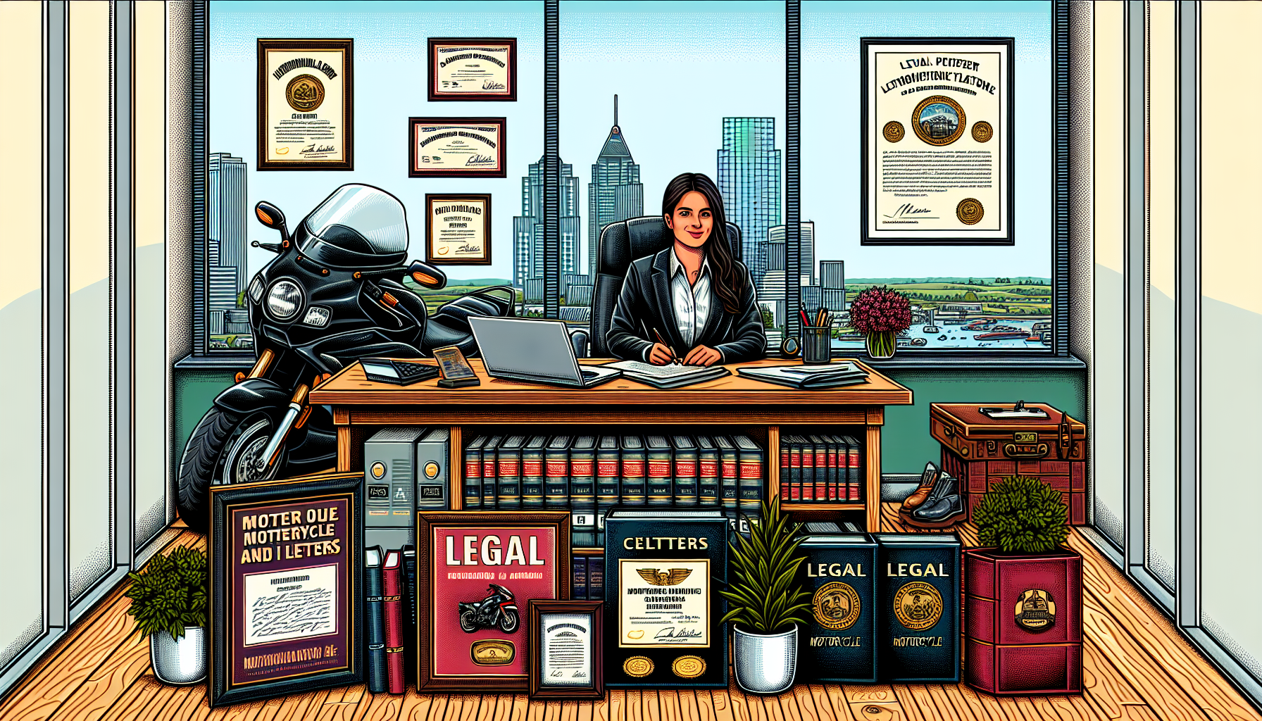Detailed illustration of a professional office with certificates and awards displayed, highlighting a lawyer specializing in motorcycle law. The setting includes client testimonial letters and legal books focused on motorcycle cases scattered around, with a cityscape of a local jurisdiction visible through the window, emphasizing the lawyer