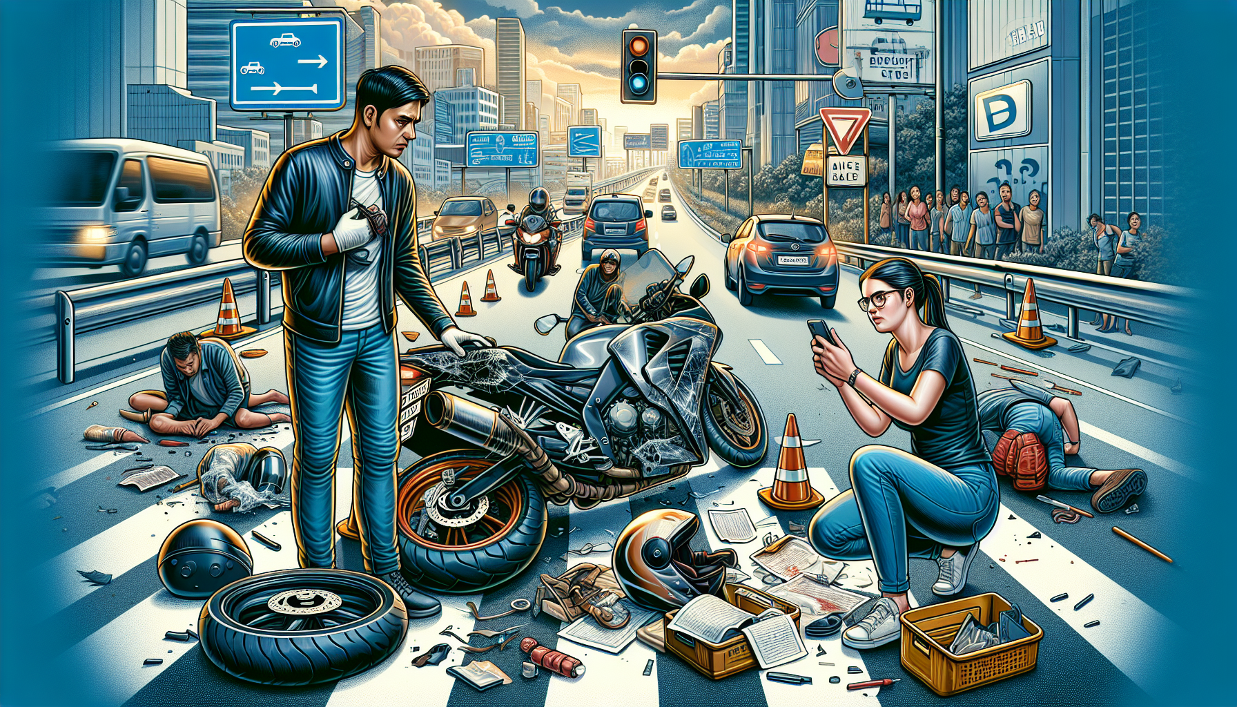 **DALL-E Prompt:**

Depict a scene immediately following a motorcycle accident on a bustling city street. On the left, a descriptive portrayal of a motorcyclist taking immediate actions for safety such as checking for injuries and moving to a safe area, with a visible relief expression. The center of the image should focus on a detailed crashed motorcycle near traffic signs, with scattered papers and a broken helmet as evidence. On the right, depict another motorcyclist carefully documenting the accident scene with a smartphone camera, including taking pictures of the surroundings and the damages. The background should have cityscape elements like buildings and a blurred crowd, illustrating a typical busy environment. Caption the image with 