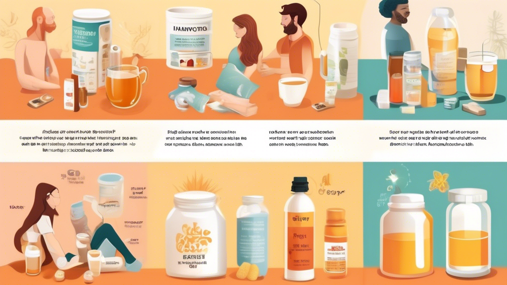 Detailed illustration of a side-by-side comparison between hangover relief patches and alternative hangover remedies, including hydration drinks, over-the-counter pills, and natural home remedies like ginger tea. Include visual elements showing different people using these methods in a lifestyle setting, with text boxes highlighting key ingredients and effectiveness for each method. Emphasize a thoughtful, diverse group of individuals, subtly showcasing the patches in the scene to signify their comparative importance.