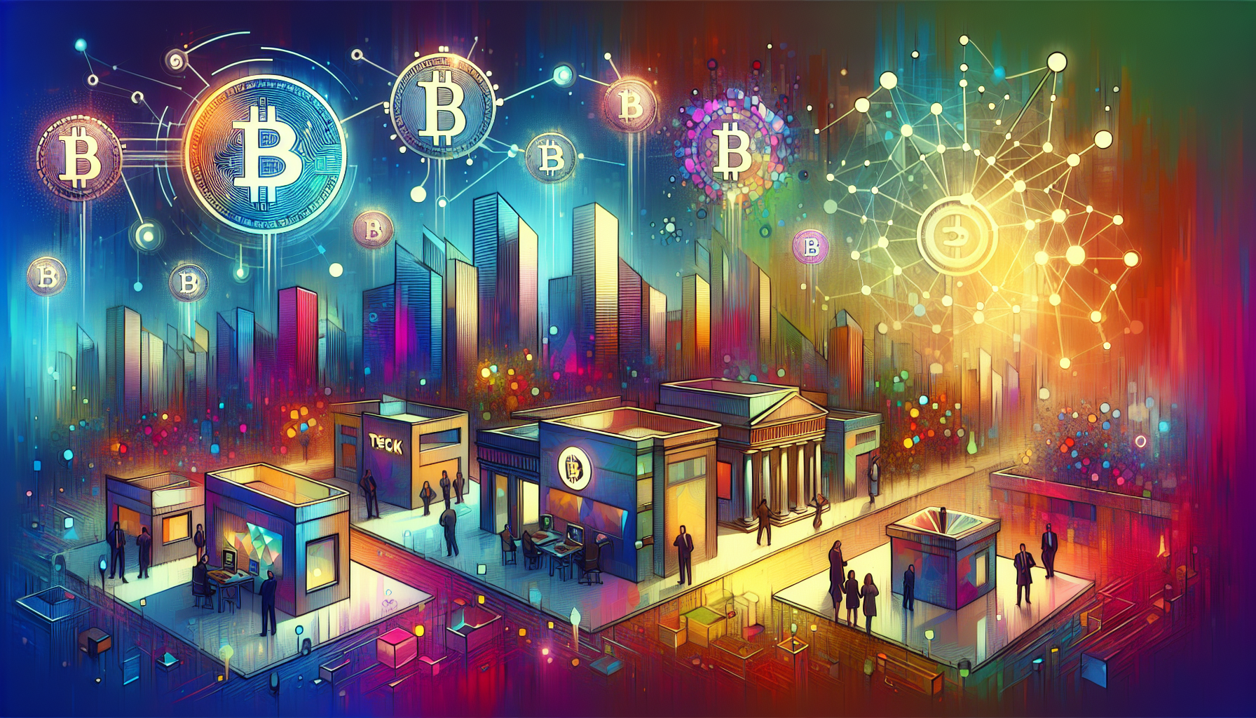 Create an image depicting the rise of new digital currency driven by technological innovations, growing acceptance in mainstream finance, and regulatory changes. Show a futuristic cityscape where digital currency symbols float above vibrant tech hubs, banks with digital interfaces, and policymakers discussing regulations. The image should blend finance, technology, and governance elements, with symbols like digital coins, blockchain networks, and financial graphs seamlessly integrated into the environment.