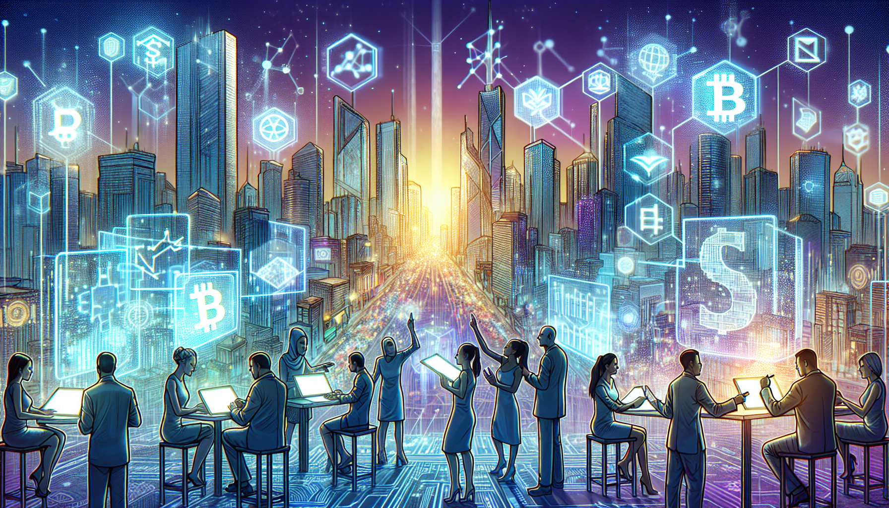 A futuristic cityscape dominated by digital displays and holograms, featuring symbols of new digital currency. In the foreground, financial experts are discussing emerging trends and potential developments. The city is bustling with advanced technology, showcasing how new digital currency could shape global economies.