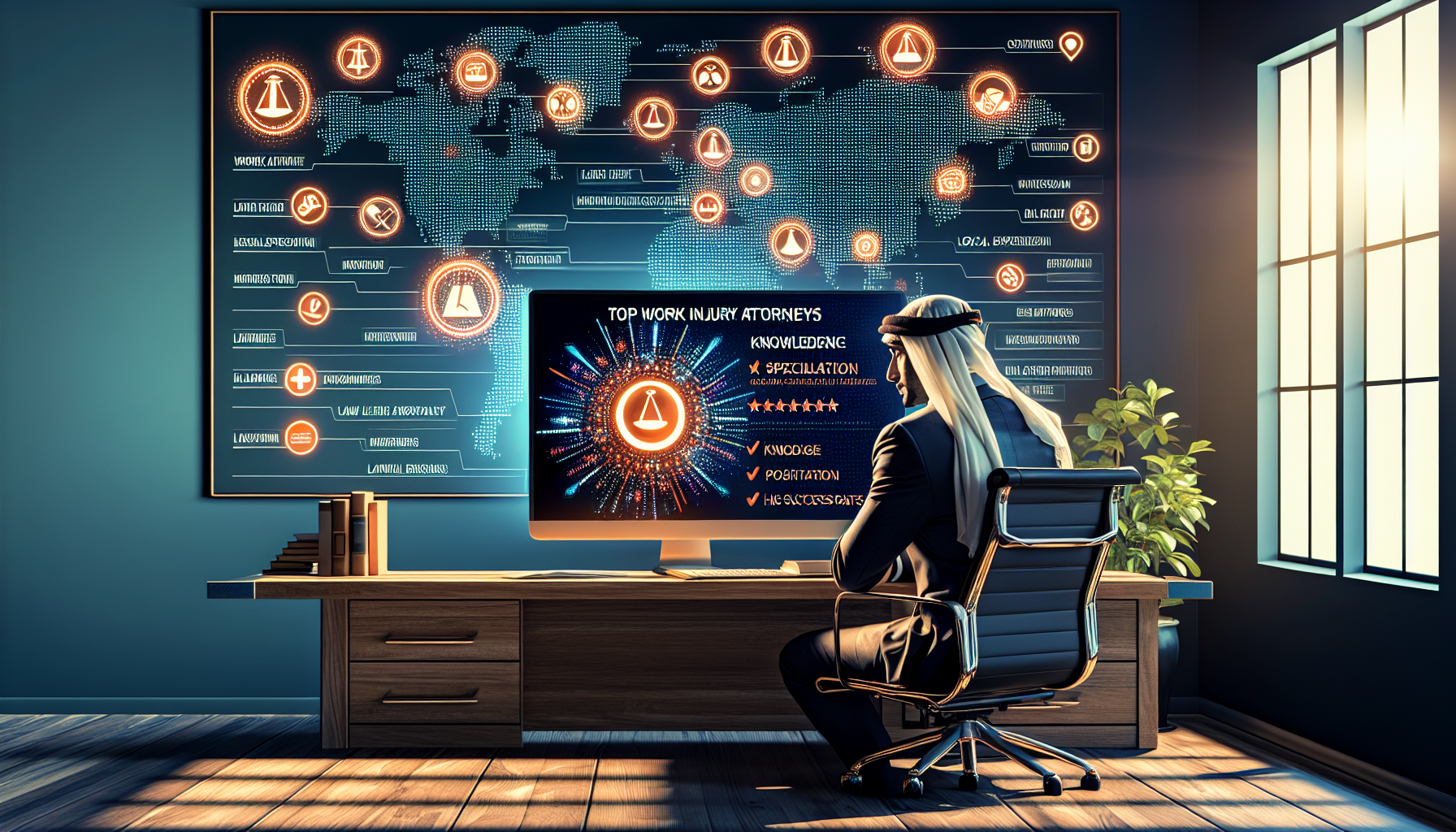 Visualize a thoughtful client sitting at a desk with a detailed checklist highlighting the criteria for choosing the top work injury lawyers: showcasing icons for experience, specialization, client testimonials, and success rates beside a glowing computer screen displaying the homepage of a state bar association and various legal review websites. In the background, a wall map pins the local jurisdiction areas, emphasizing the lawyer