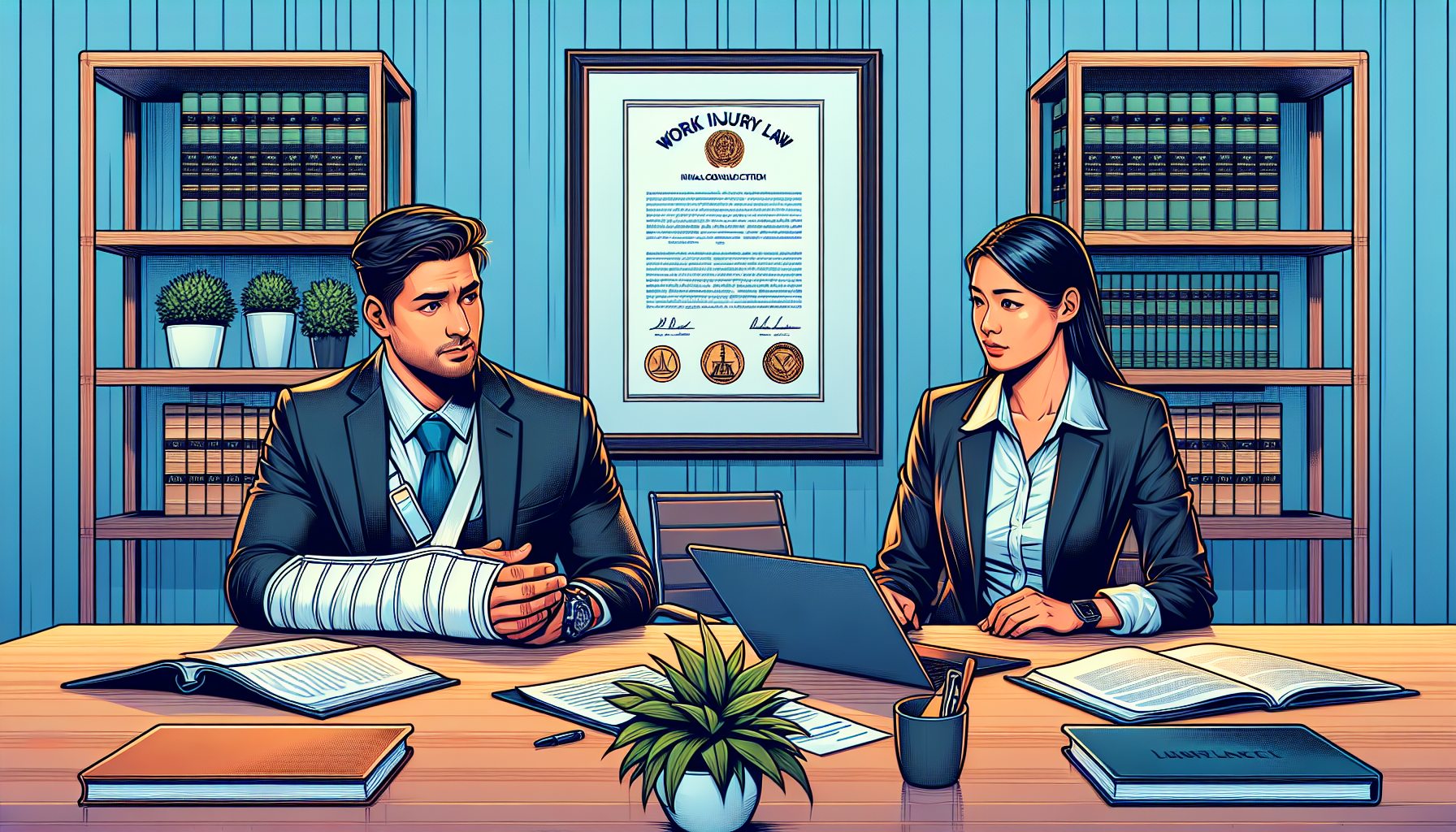 An image of a professional conference room setting where a person injured at work is seated at a large table, across from a confident work injury lawyer. The lawyer is showing documents and explaining legal strategies, with law books and a laptop open in front of them. The room has a formal, but supportive atmosphere, indicating a constructive initial consultation meeting. Include details like the lawyer