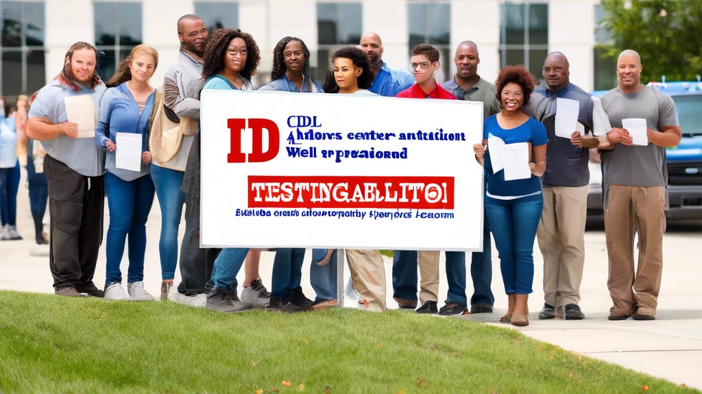 Create an image of a diverse group of individuals standing outside a local CDL testing center, holding essential documentation, such as ID cards and paperwork. The testing center sign is visible, and there is a well-organized bulletin board showcasing tips and final preparation steps for the CDL exam. The atmosphere is one of readiness and anticipation. Keywords to include: CDL exam preparation, local testing center, essential documents, exam day tips.
