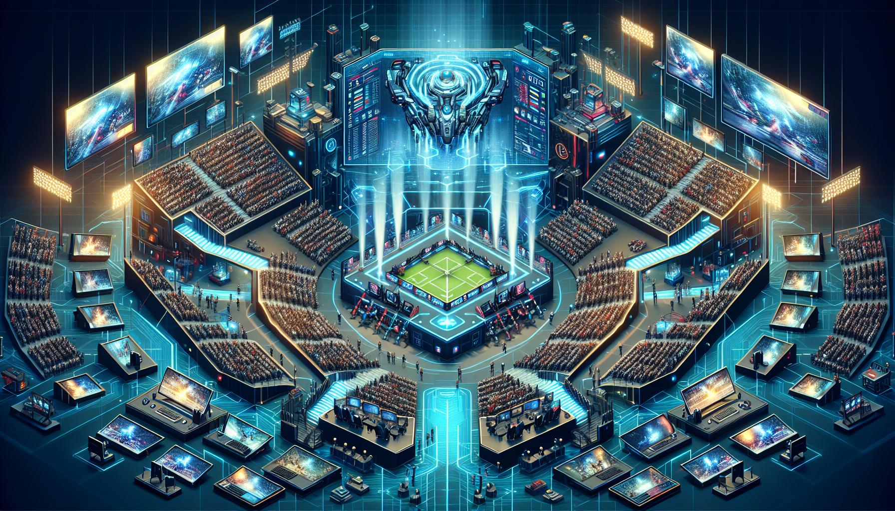Prompt: A vibrant digital landscape illustrating the impact of technology on e-sports: a massive gaming arena filled with futuristic high-speed internet connections, advanced gaming hardware setups, and multiple streaming platforms broadcasting live to millions of viewers globally. Highlight cutting-edge holographic displays and predictions for future technological trends enhancing the competitive gaming experience.