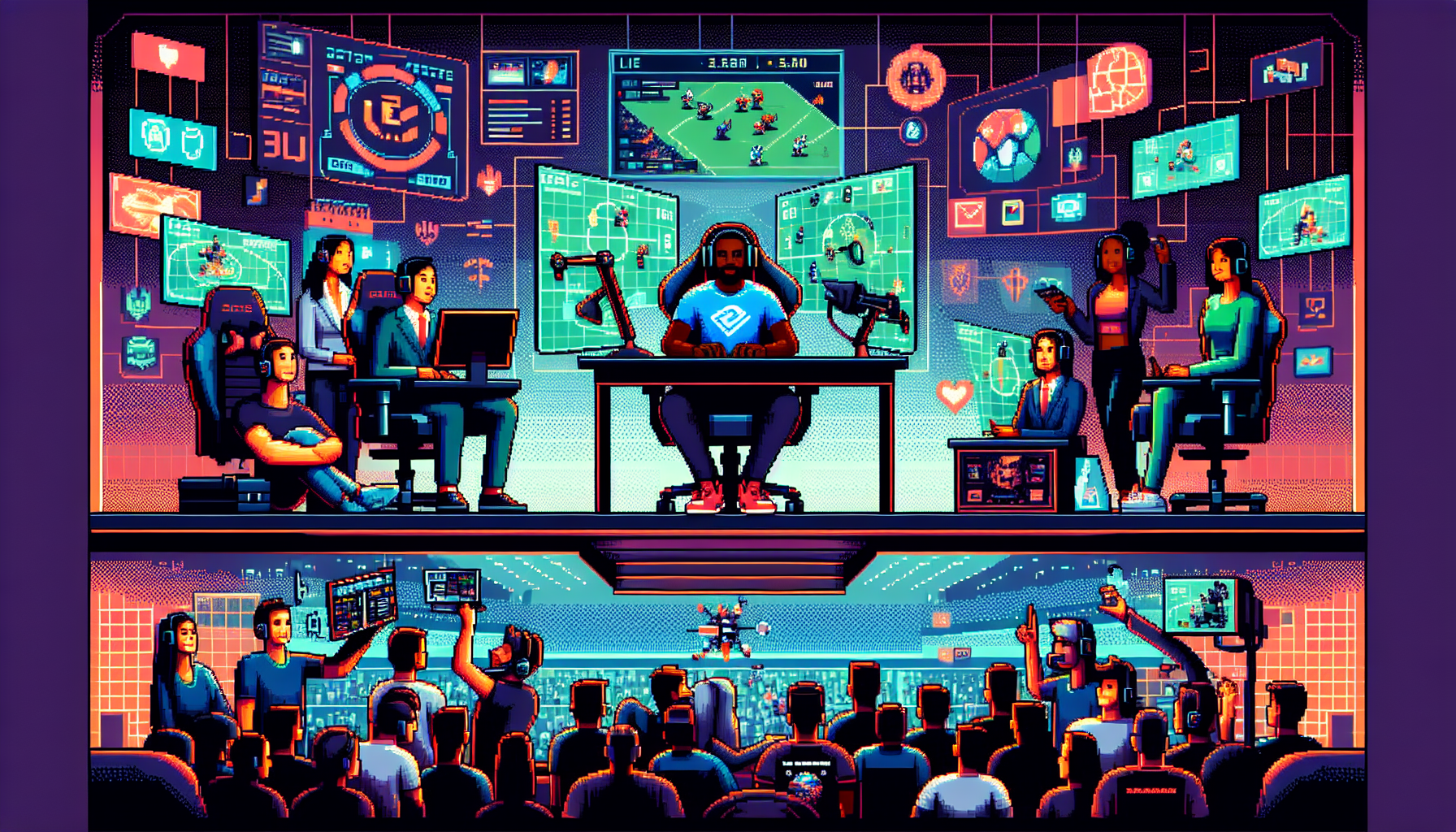 Create an image that depicts the multifaceted career opportunities within the e-sport industry. Show a vibrant, modern digital arena with individuals in various roles such as a professional gamer at a high-tech gaming setup, a coach strategizing with their team, a streamer interacting with an online audience, and a commentator analyzing a live match. Include elements that highlight the economic and social impact of these careers, such as sponsorship logos, community support, and high-energy crowd reactions. The overall atmosphere should be dynamic and energetic, capturing the excitement and challenges of pursuing a career in e-sports.