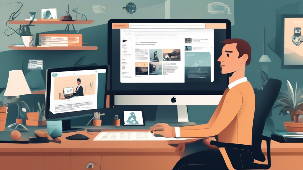 Create a digital illustration showcasing a person sitting at a desk with a computer screen displaying the Vimeo homepage, actively searching for Newport boat accident lawyers. Include visible video thumbnails of lawyers giving presentations and client testimonials, highlighting key features to look for as described in a video guide positioned on the desk. The room should have legal books and maritime decorations to set the thematic background.