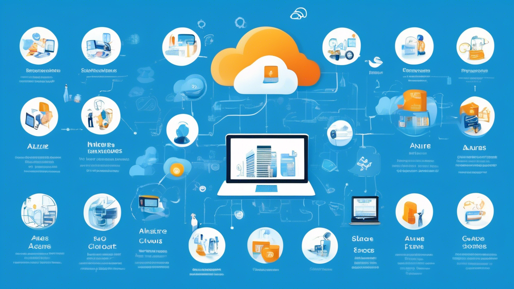 Create an image that showcases the practical use of Azure Cloud in different industries. The image should include various sectors such as healthcare, finance, retail, and education, each benefiting from Azure Cloud technology. Include visual elements like data analytics, security shields, cloud servers, and happy, productive business professionals, to illustrate success stories and future trends in Azure Cloud. Make it a dynamic, modern, and professional composition that emphasizes innovation and industry transformation.