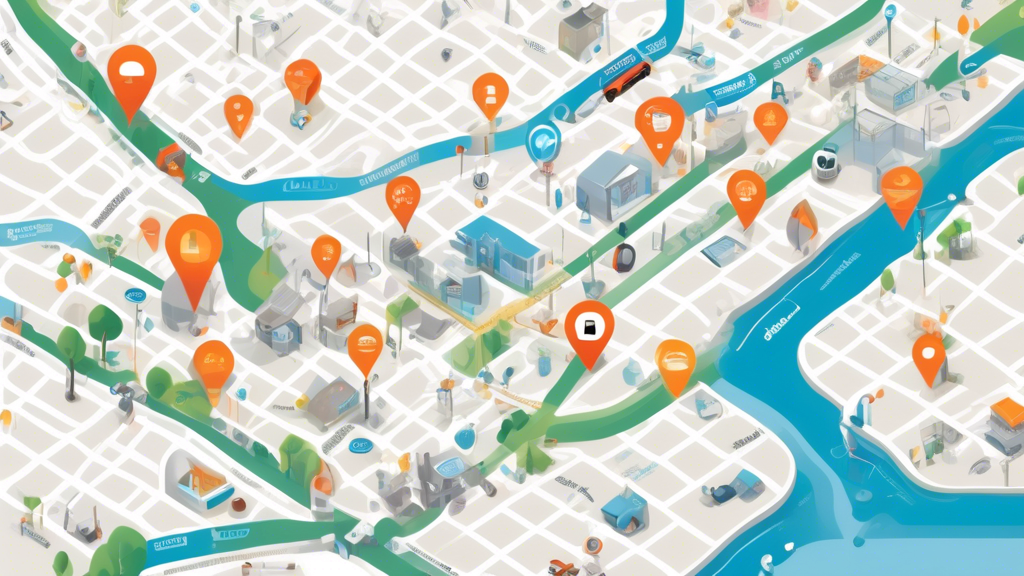 Create an image showing a person using a laptop to look at a map with various local service points highlighted. The map includes icons of plumbing tools and is zoomed into a residential area. On the screen, there