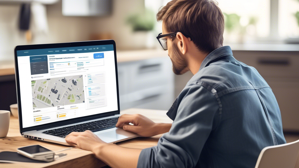 Create an image of a person using a laptop to search for trenchless sewer line replacement services online. The screen shows multiple tabs with review platforms, a list of local service providers, and comparison charts. Add elements like certificates, customer testimonials, and consultation forms around the laptop to represent checking credentials, licensing, and comparing quotes. Background can include subtle icons of sewer pipes and tools to emphasize the context.