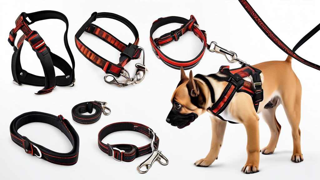 Create an image featuring a close-up of various dog harness and leash sets displayed on a clean, white backdrop. Highlight the key features by showcasing sets made from different durable materials like nylon and leather. Include harnesses that demonstrate adjustable straps for a perfect fit. Feature designs with padding for comfort and stylish patterns to appeal to different tastes. Each set should be well-lit, emphasizing their quality and craftsmanship.
