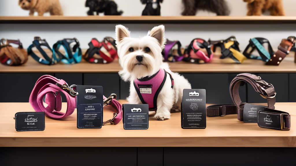 Create an image of a variety of dog harness and leash sets stylishly arranged on a table. Each set should have a small label indicating its brand, key features, and customer ratings. In the background, display a subtle, friendly pet store environment with hints of pricing tags and special offers, creating an ambiance that is welcoming and informative for dog owners looking to purchase the perfect harness and leash set for their pets in 2023.