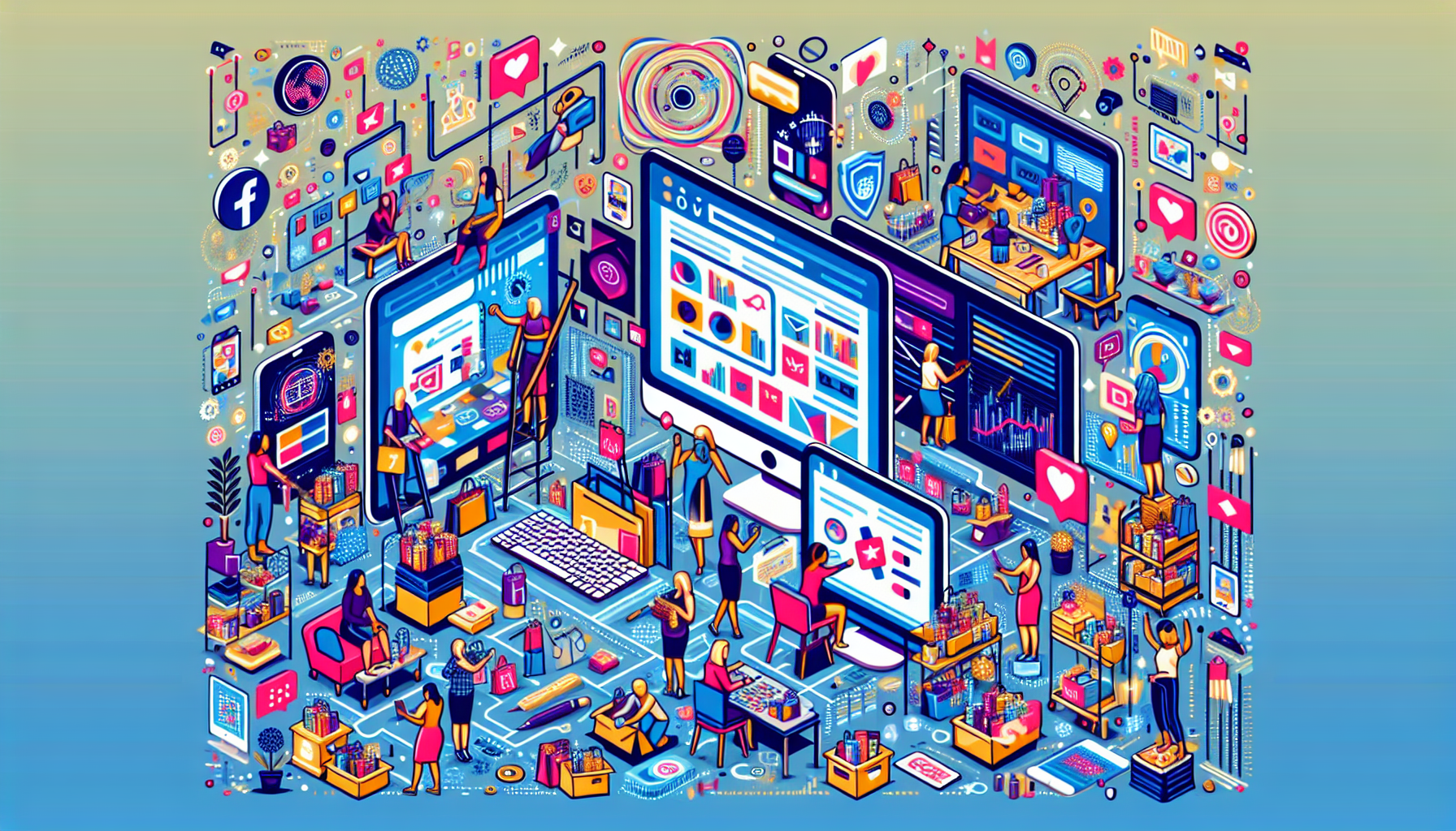 Create an image of a vibrant online marketplace, featuring a diverse array of products displayed on computer and mobile screens. Depict people setting up their digital stores on popular e-commerce platforms like Etsy, Shopify, and Amazon. Include elements that showcase marketing strategies, such as social media icons, digital ads, and customer reviews to emphasize the marketing efforts that boost sales. Make the scene dynamic and bustling with activity, highlighting the energy and potential of starting an e-commerce side hustle in 2023.