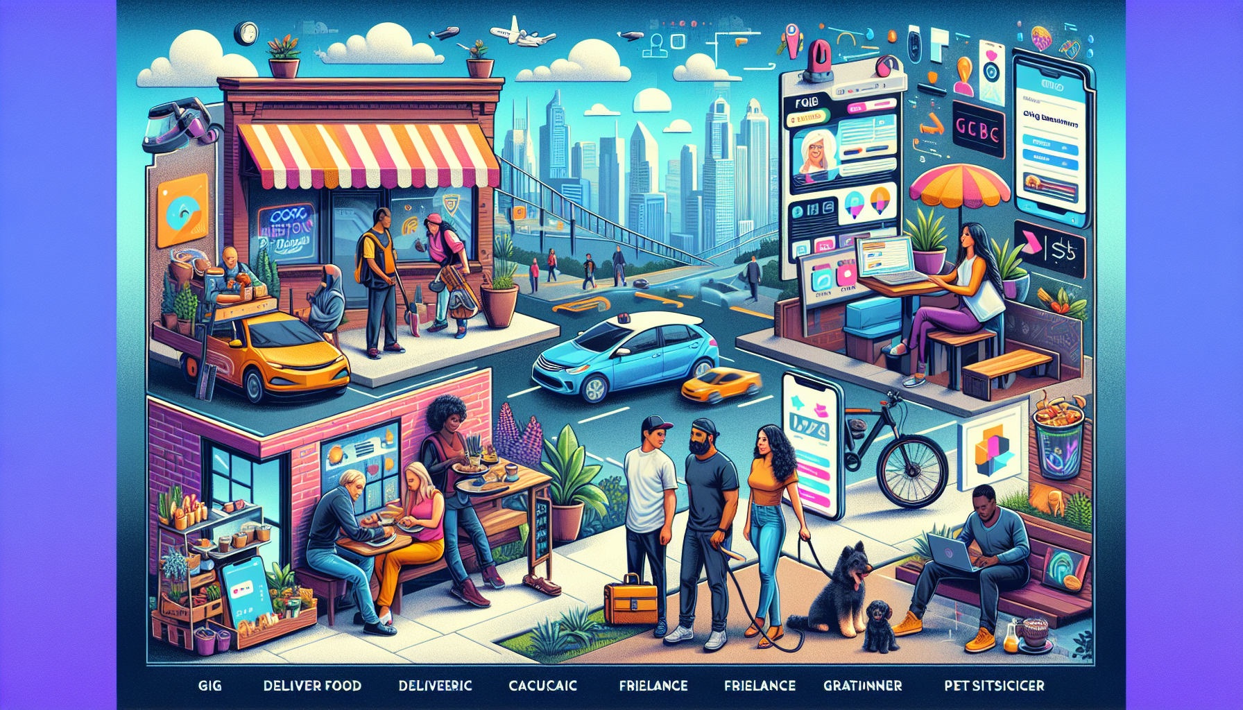 Create an image that visually represents the concept of gig economy jobs as flexible and lucrative side hustles in 2023. Depict a diverse group of people engaging in various gig economy activities such as food delivery, ride-sharing, freelance graphic design, and pet sitting. The background should illustrate a modern cityscape with a mix of traditional and remote work environments. Include digital elements like apps and online platforms to highlight the technology that facilitates these jobs. The mood should be dynamic and vibrant, emphasizing the versatility and earning potential of gig economy side hustles.