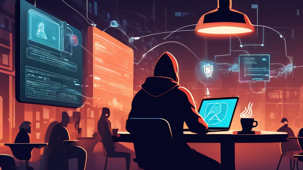 Create an image of a person using a laptop in a public cafe, connected to a VPN. The background shows a hacker with a laptop trying to intercept data but being blocked by a digital shield around the person. The person