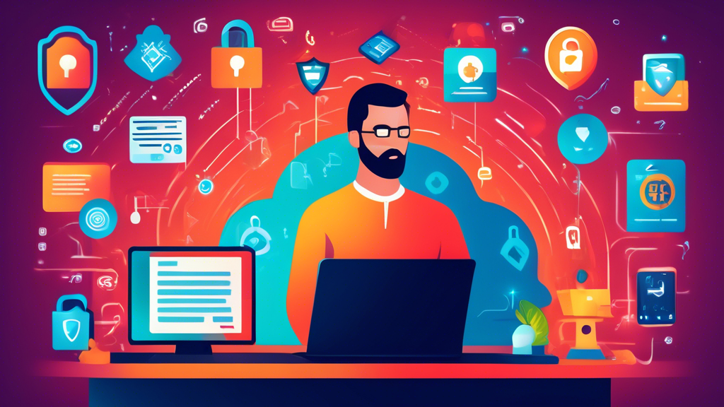 A dynamic illustration of a person at a computer, surrounded by icons representing strong passwords, two-factor authentication, encryption, and software updates, in a digitally secure environment with locks and shields symbolizing protection, emphasizing the strategies to safeguard digital privacy and security.