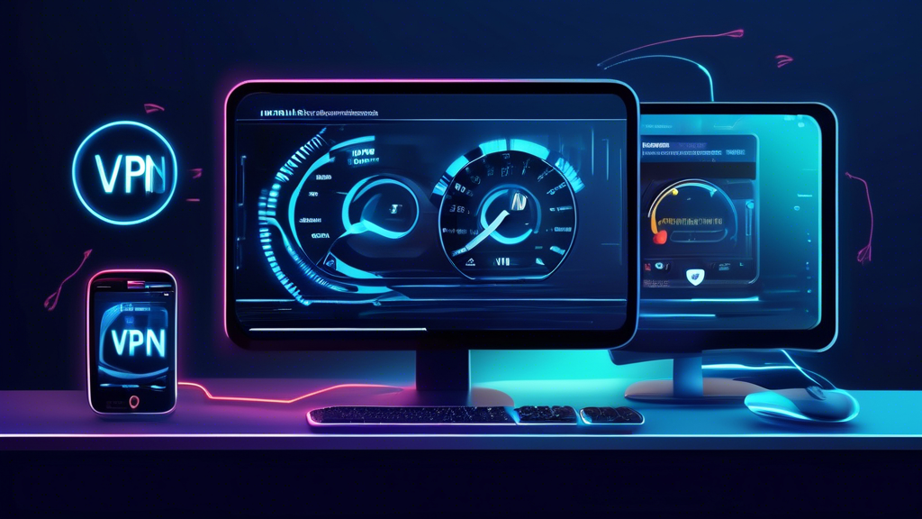 Create an illustrative image showing a sleek, modern PC with a fast-moving internet speedometer in the background. The PC screen displays a VPN app with an established secure connection. In the foreground, arrows indicating faster speed and enhanced performance radiate from the PC, signifying improved internet speed and performance due to the VPN. An ISP truck with a throttled symbol fading away adds emphasis to the reduced bandwidth throttling benefit. The overall setting is vibrant, evoking a sense of speed and efficiency.