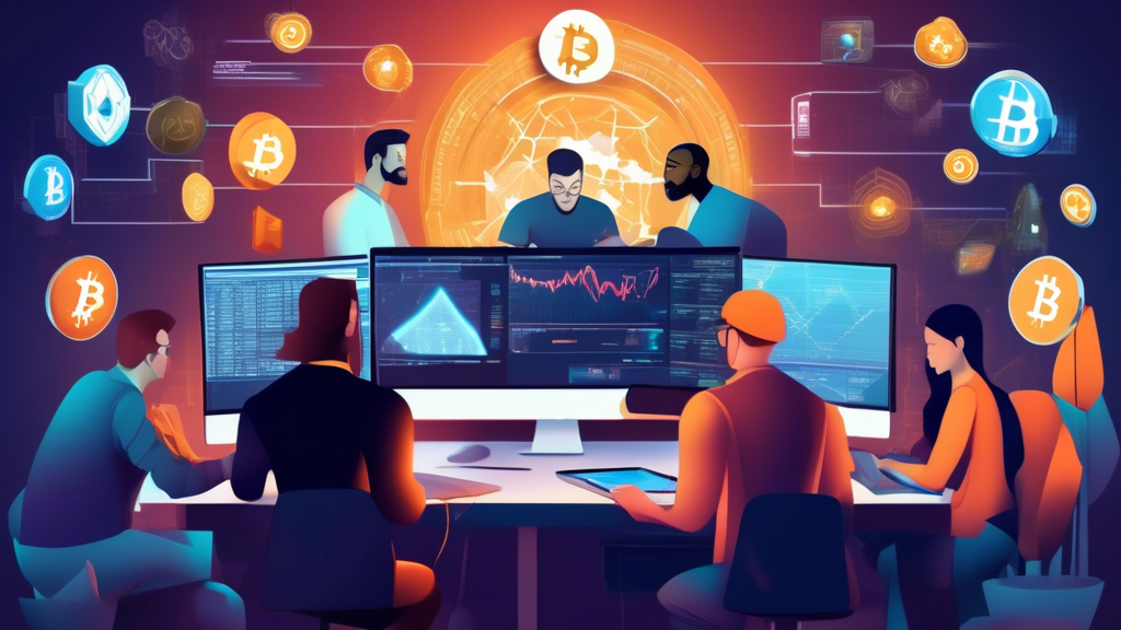 A diverse group of cryptocurrency enthusiasts analyzing the interface of various demo trading platforms on their devices. The scene includes visual representations of popular crypto assets like Bitcoin and Ethereum. The emphasis is on criteria such as user-friendly design, security features, and comparative charts to highlight the differences between platforms. The background subtly includes elements symbolizing security, such as a lock and shield.