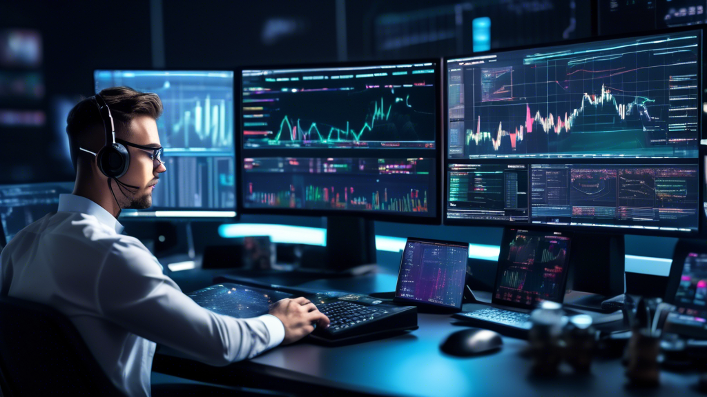 Create an AI-generated image that illustrates the concept of Strategies for Effective Demo Trading with Crypto. In the image, display an aspiring crypto trader at a desk, surrounded by multiple monitors showing various charts and technical analysis tools. Include elements like a virtual trading platform interface on one of the screens, and emphasize the educational aspect with things like notes or a strategy plan. The overall vibe should be one of focused learning and strategic planning, ideally in a sleek, modern setting to reflect the digital nature of cryptocurrency trading.