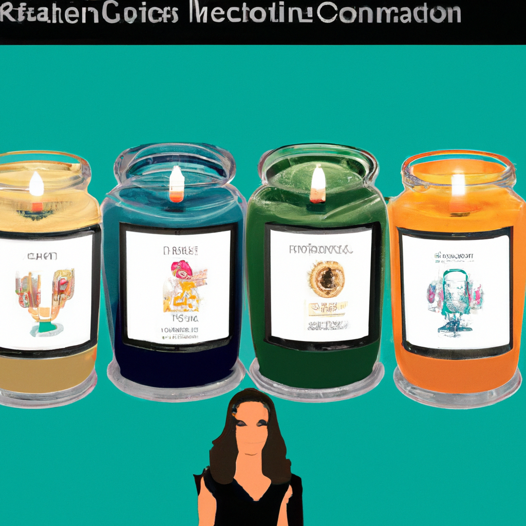 A detailed illustration showcasing a selection of popular New Zealand branded scented candles, each emitting a unique scent. The scene comprises elegantly designed candle jars with labels from notable local brands like 