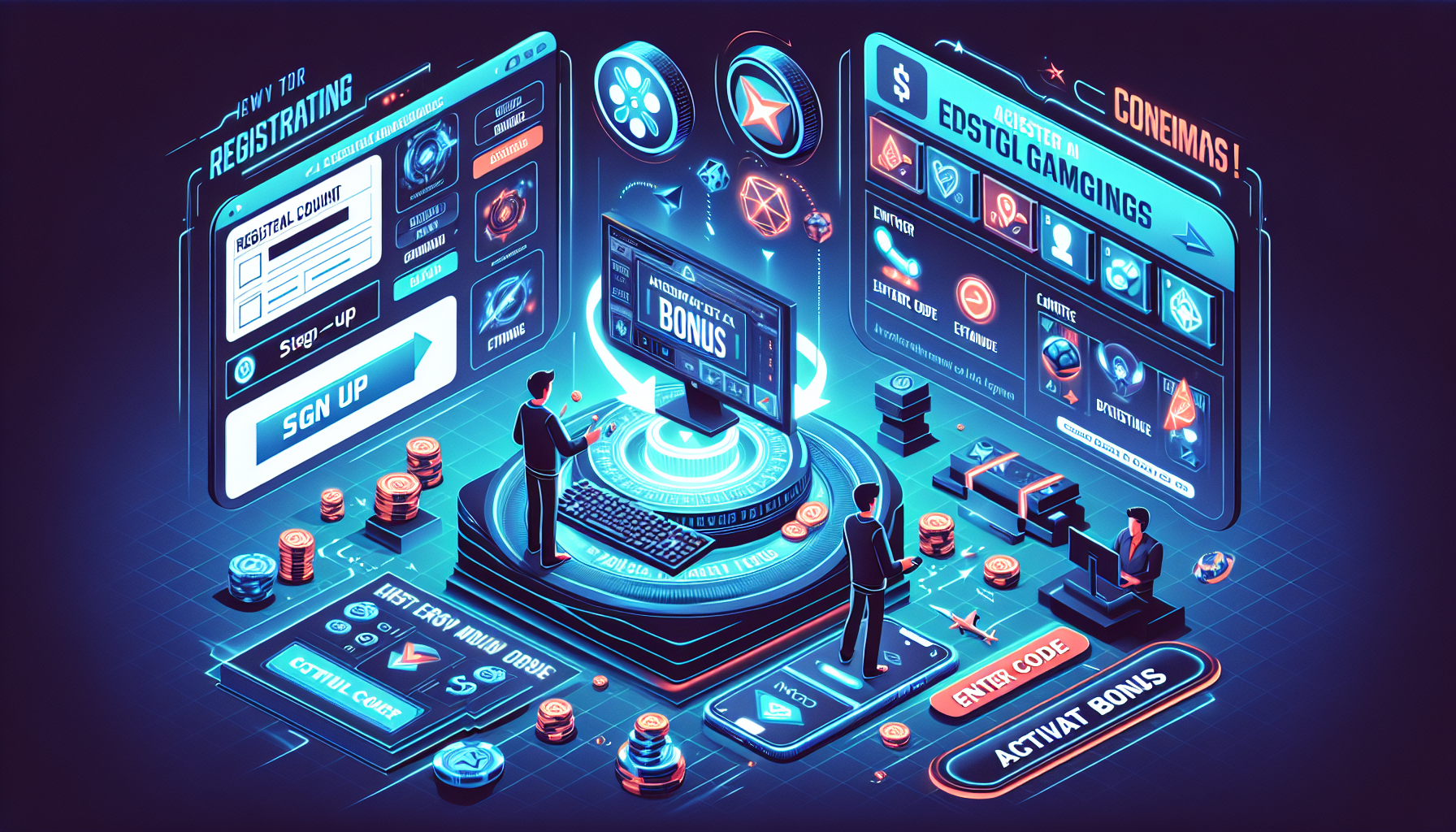 Create an image depicting a step-by-step guide for registering and activating the CSGORoll 5 Bonus. Include visuals for each step such as account creation, filling out personal information, entering a bonus code, and successfully activating the bonus. Highlight critical actions with icons or text labels such as 