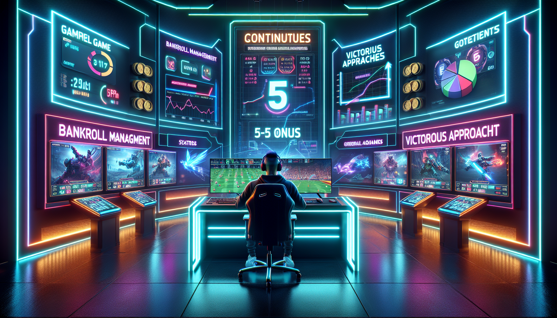 DALL-E prompt: Create an image of a professional gamer in a high-tech gaming setup, intensely focused on a match. The background should highlight various charts and graphs representing 