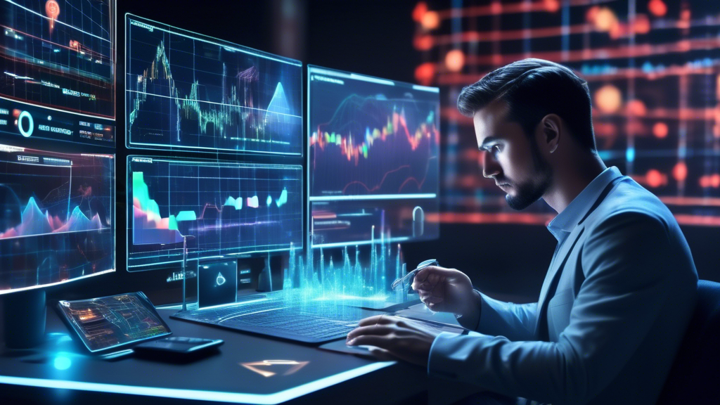 Create an image showing a trader examining charts and graphs in a virtual environment with holographic displays. The scene should illustrate the concept of testing different trading strategies risk-free using a demo trading account. The trader is analyzing the outcomes with a thoughtful expression, while various cryptocurrency symbols like Bitcoin, Ethereum, and Ripple float around in the background. The backdrop should have a futuristic feel, emphasizing advanced technology and data analysis.