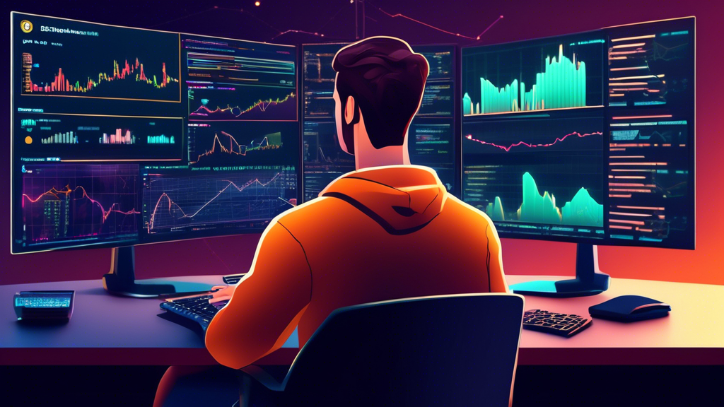 Create an image of a person confidently sitting at a computer, engaged in demo trading of cryptocurrencies. The computer screen displays various charts and graphs indicating trading activity. The person looks focused and assured, suggesting they are mastering the skills needed for real trading. Around them, depict symbols of popular cryptocurrencies (like Bitcoin and Ethereum) and educational resources such as books and online courses. The background shows a balanced and organized workspace, illustrating the preparation and knowledge gained through demo trading.