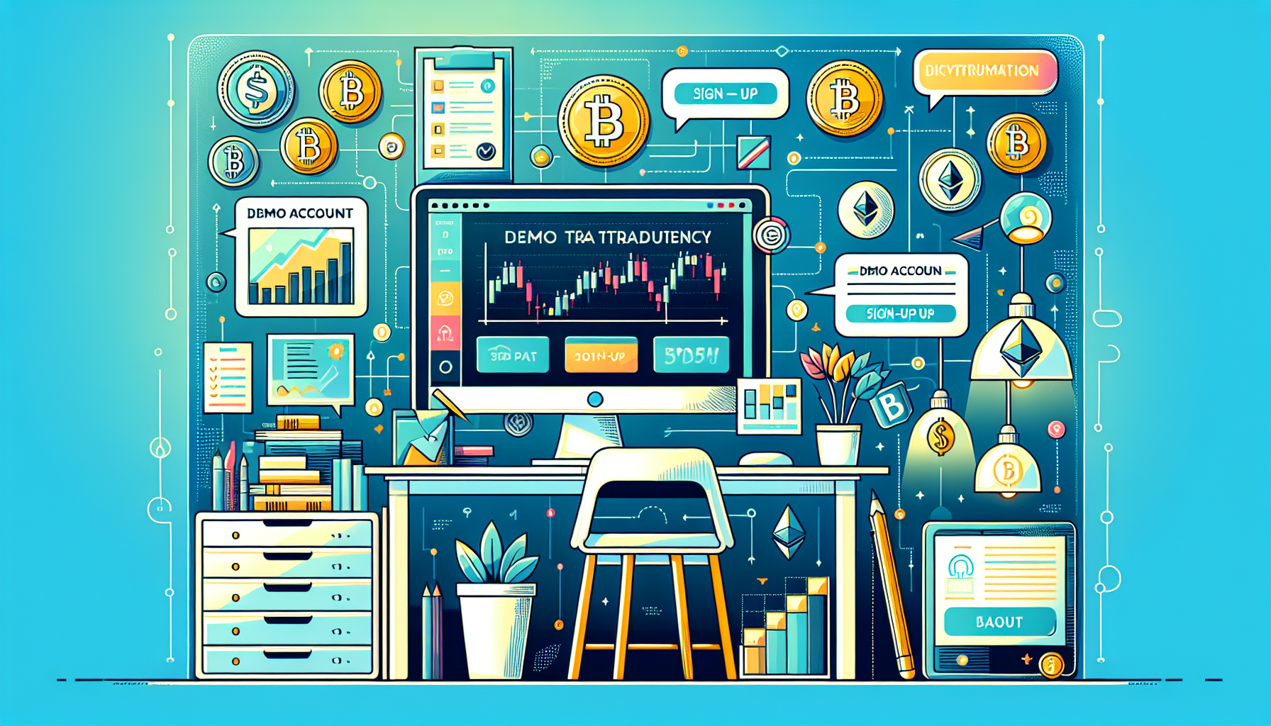 Create an image that depicts a step-by-step guide for starting demo trading in cryptocurrency. The background should be a clean, minimalistic office space featuring a computer screen. The computer screen should display the interface of a popular demo trading platform for cryptocurrency. Around the computer, add subtle, instructional icons such as a sign up button, demo account button, and various cryptocurrency symbols like Bitcoin and Ethereum. Include friendly, guiding arrows and a checklist to emphasize the ease of starting with demo trading. The color scheme should be modern and tech-friendly with blues, whites, and hints of green.