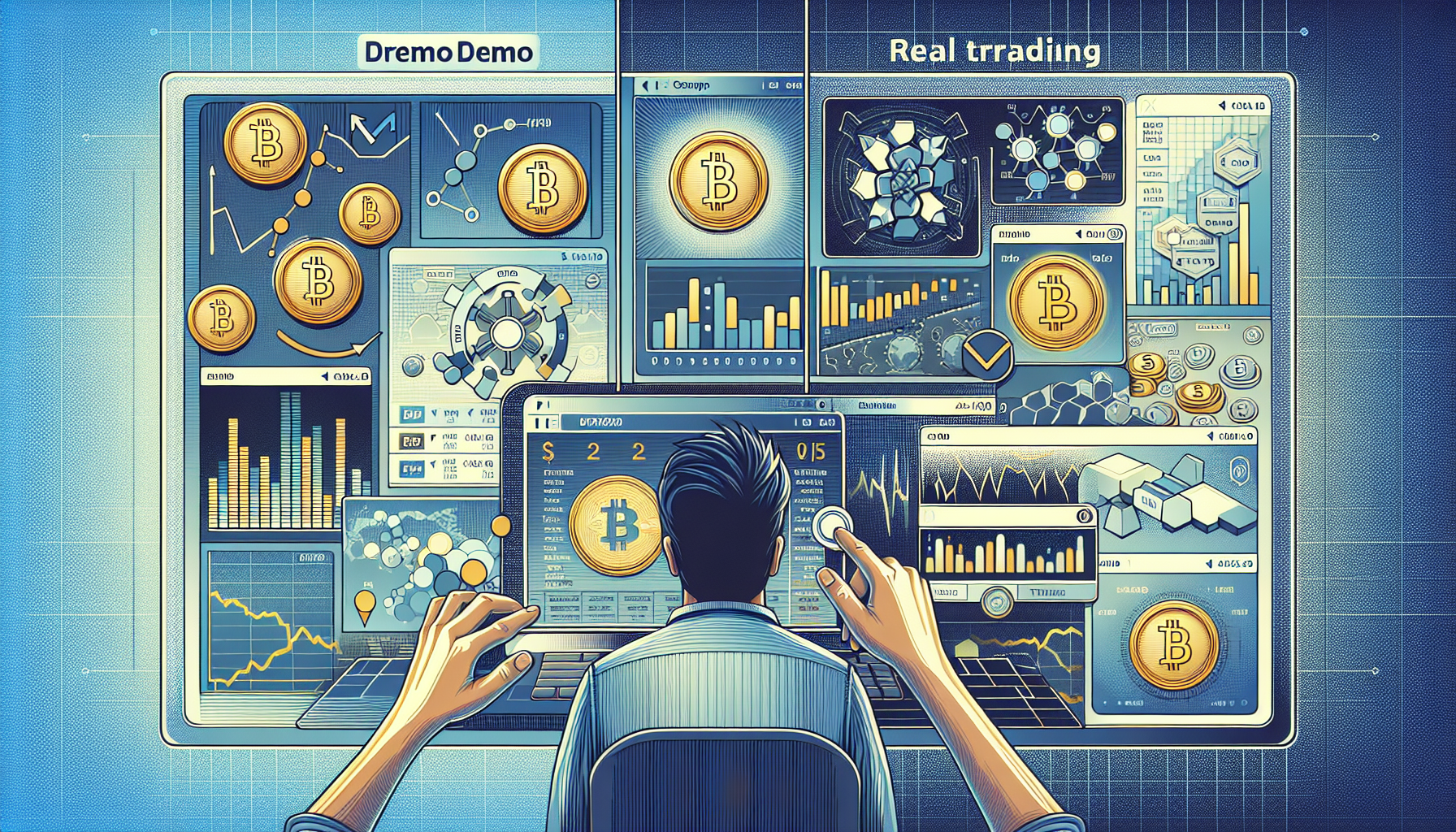 Create an image titled Transitioning from Demo to Real Crypto Trading - Show a split-screen with two sections: the left section illustrating a simplified DEMO trading interface with virtual coins and simulated trades; the right section depicting a REAL trading interface with actual cryptocurrency values, market trends, and a person attentively observing. Include symbols of Bitcoin, Ethereum, and other cryptocurrencies with a focused trader in the middle, symbolizing the transition.