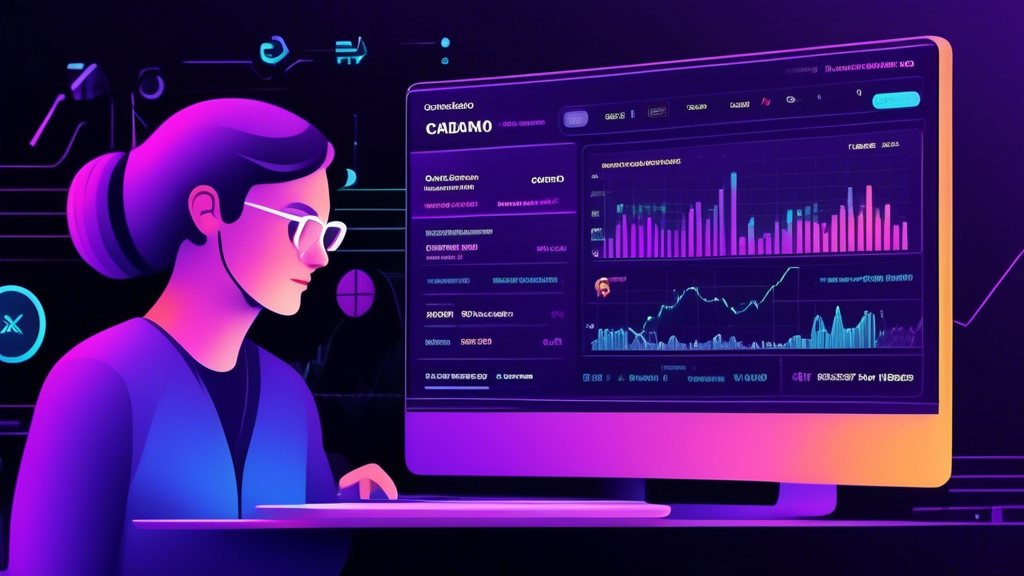 Create an image that shows a user interface with a person navigating Yahoo Finance on a computer screen. The screen prominently displays up-to-date ADA (Cardano) to USD exchange rate information, with sections highlighting features like charts, historical data, and related news articles. The background can include subtle cryptocurrency symbols or graphs to indicate financial data analysis. Aim for a clean, intuitive interface to emphasize user-friendly navigation.