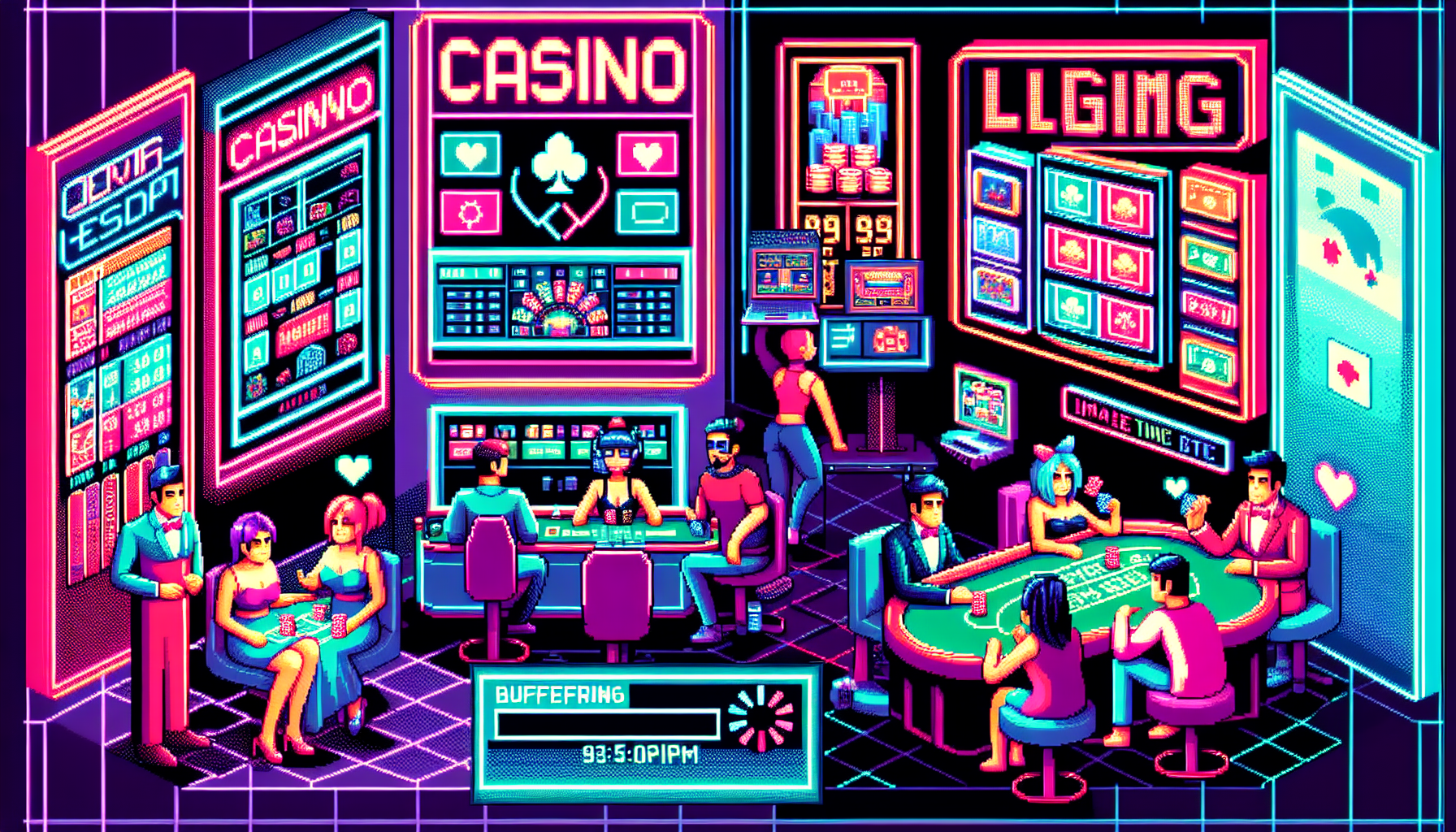 Create an image that highlights the benefits and drawbacks of live casino gaming. Showcase a virtual casino setting with players interacting seamlessly through their devices, enjoying a wide variety of games. Include elements like a reliable internet connection symbol, a diverse array of game interfaces, and a dealer on screen interacting with players. Depict both the thrill of social interaction and subtle hints at the challenges like a buffering symbol or a player looking slightly frustrated due to connection issues. Use a split screen to show a player at home in a comfortable setting, experiencing both the advantages and potential downsides.