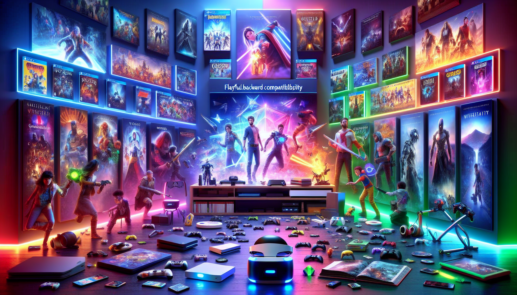 A futuristic gaming setup showcasing the new PS4 console surrounded by exclusive game titles, with iconic game characters vividly displayed. The background highlights enhanced backward compatibility with PS3 games, along with a sleek VR headset and VR-enabled gameplay in action. The scene also includes multiple devices to illustrate seamless cross-platform play, all integrated into a vibrant, high-tech gamer