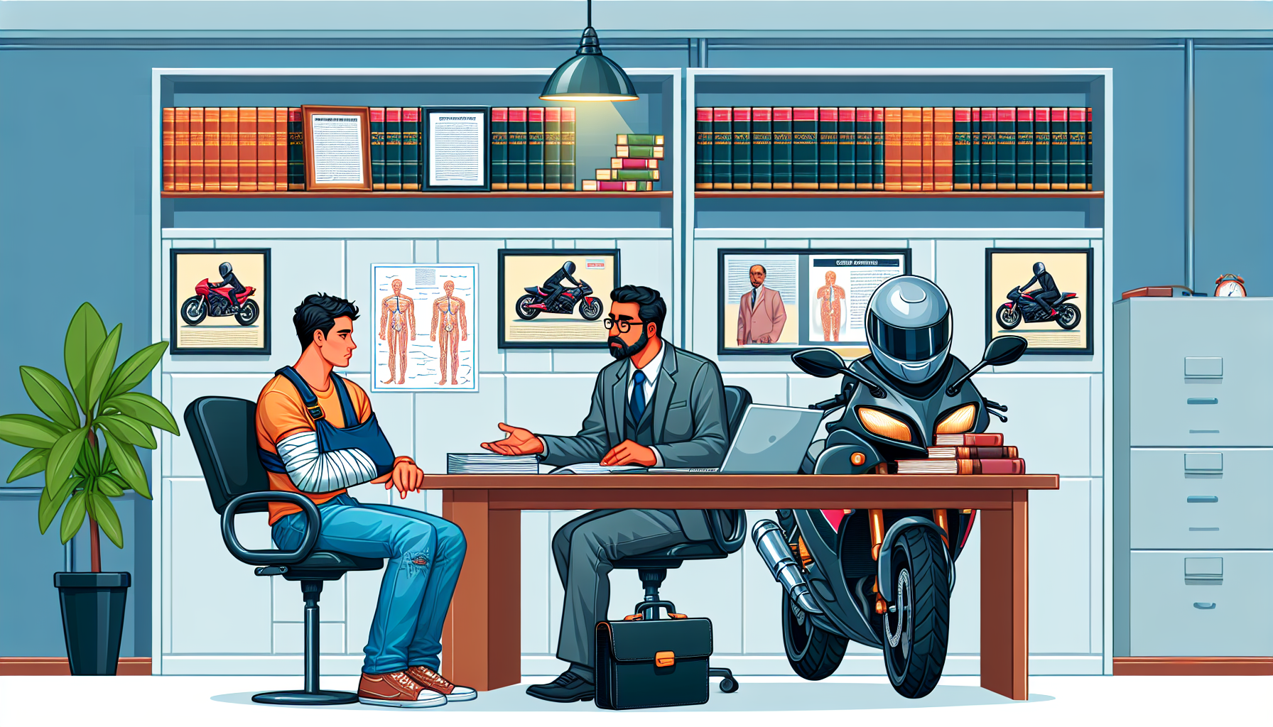 Detailed office setting showing a professional meeting between a potential client, nursing an arm injury, and a focused motorcycle accident solicator discussing a case, displaying charts with motorcycle laws, and surrounded by shelves with legal books and testimonials visibly framed on the wall.