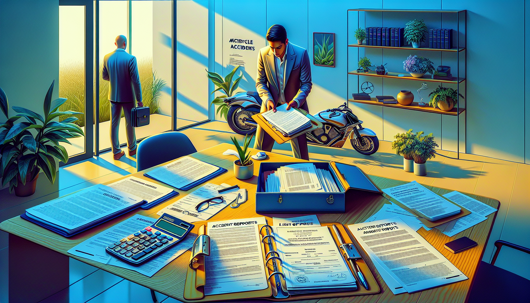 An individual preparing a folder of documents, including accident reports and medical records, for their initial consultation with a motorcycle accident solicessor, with a visible list of questions and a calculator nearby to discuss fee structures, in a calm office setting.