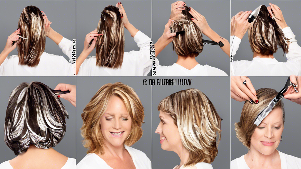 Create an image showing a step-by-step guide to applying 10 foils highlights at home. The scene should feature essential tools and products like foils, a comb, clips, a highlighting brush, gloves, and hair dye. Show a detailed sequence: 1. Preparing the hair by sectioning it with clips. 2. Applying the hair dye to selected sections with a brush. 3. Wrapping those sections in foils. 4. Waiting for the dye to develop. Illustrate the process in a clear, instructional style to help viewers achieve professional-looking results at home. Include text labels for each step and tool for clarity.