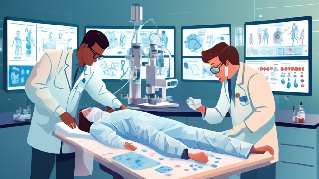 DALL-E prompt: Illustrate a scene in a modern biomedical research laboratory with scientists analyzing the data from clinical trials of hangover recovery patches. Include visuals of scientific charts depicting the effectiveness of the patches, researchers discussing around a large digital display, and a close-up of a hand applying a hangover recovery patch to the skin. Emphasize the detailed scientific equipment and the transdermal delivery system diagram in the background.