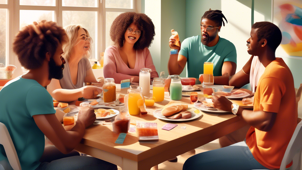 Diverse group of adults gathered around a breakfast table in a sunny room, sharing experiences and reviews about using hangover recovery patches, with visible patches on their arms, while comparing them to other hangover remedies like water, aspirin, and greasy food laid out on the table.
