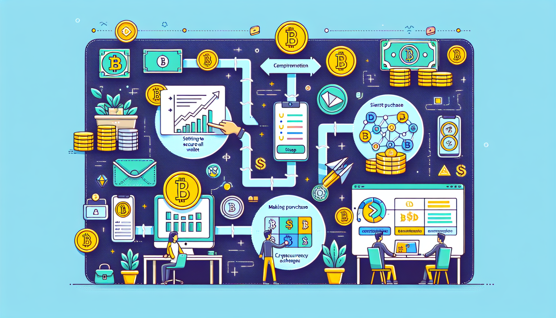 An informative illustration showing the process of starting to invest in cryptocurrency for beginners. The image includes step-by-step visuals of setting up a secure digital wallet, comparing different cryptocurrency exchanges, and making a first purchase, complete with tips and best practices. The scene is user-friendly, featuring clean and simple graphics, with labels and arrows guiding the viewer through each step.