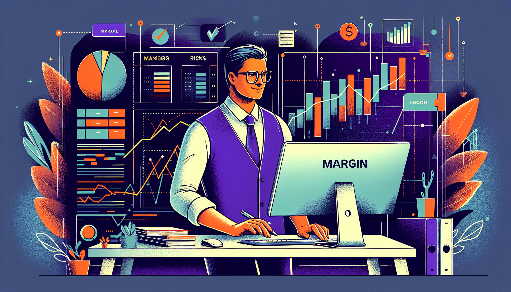 Create an image that illustrates a person confidently setting up a margin account on their computer. The background could display various charts and graphs indicating financial growth, symbolizing the effective use of Questrade Margin. Include elements such as checklists and strategy notes to hint at maximizing returns and managing risks, reinforcing the theme of effective strategy and careful planning.